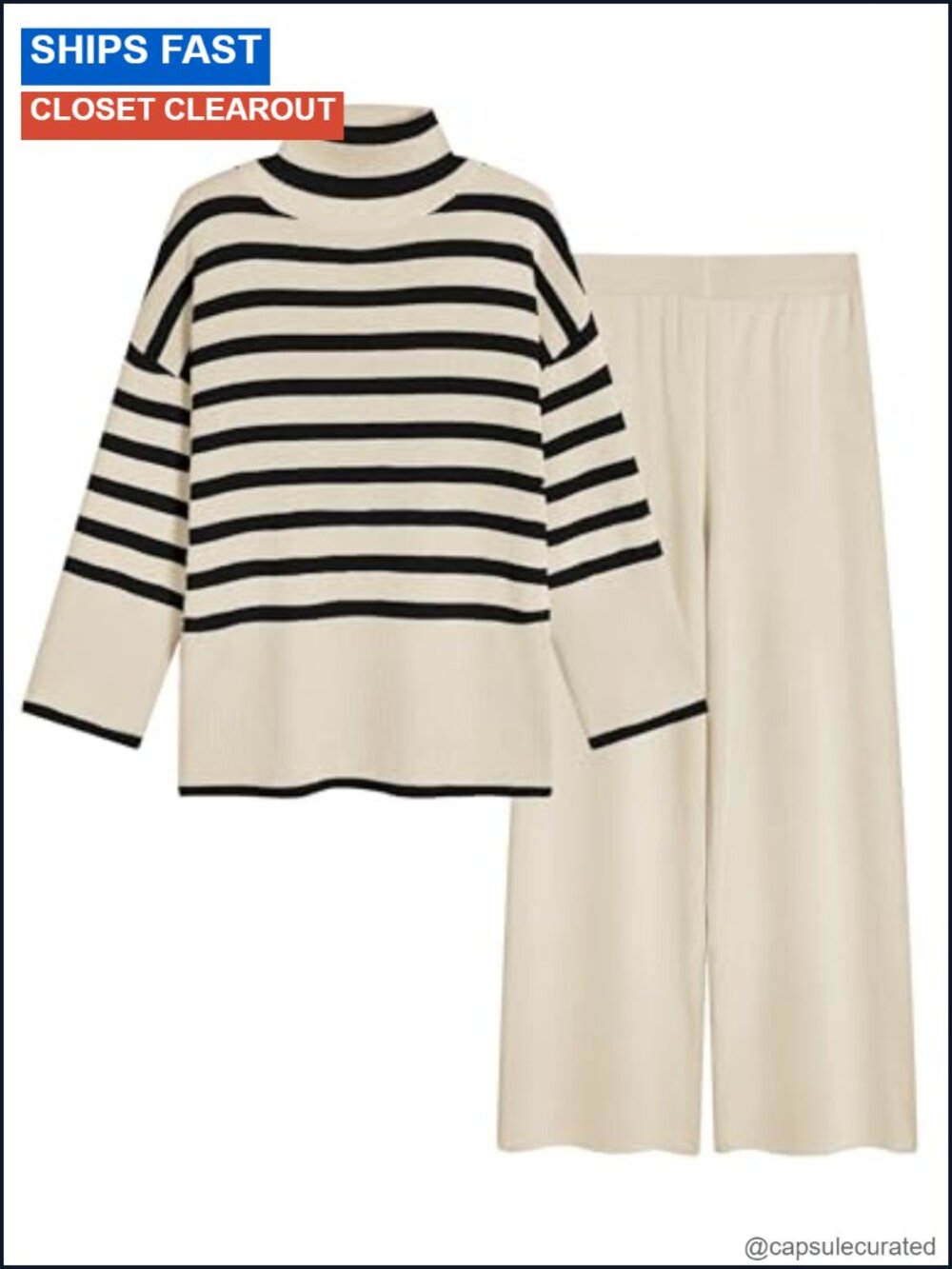 Striped Knit Sweater Set Turtleneck Wide Leg Pants Lounge
